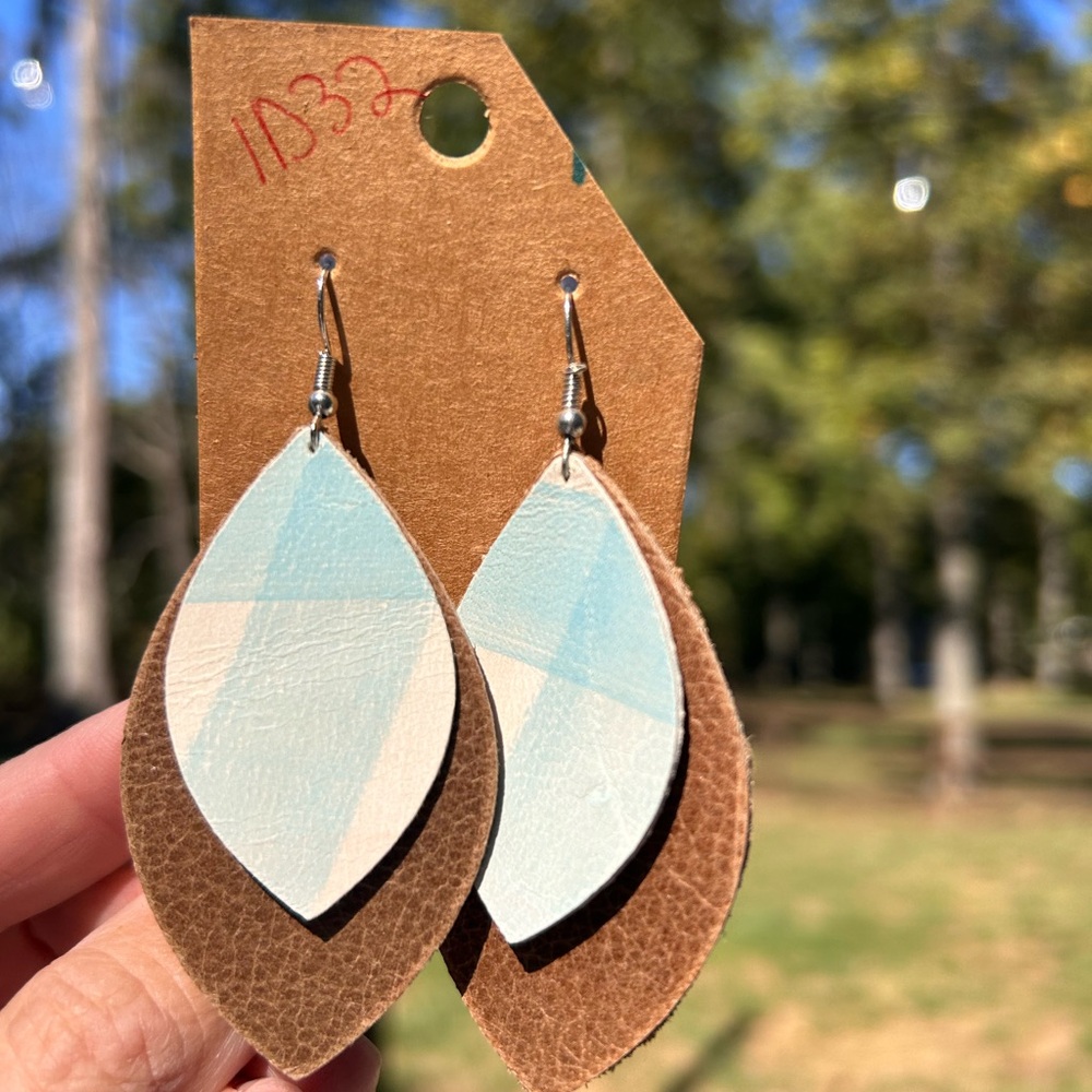 Layered leather earrings - Brown Pink cream and light blue
